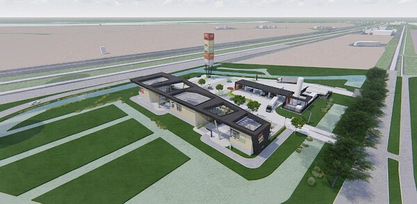 Artist impression van waterstoftankstation aan A16 bij DistriPark Dordrecht